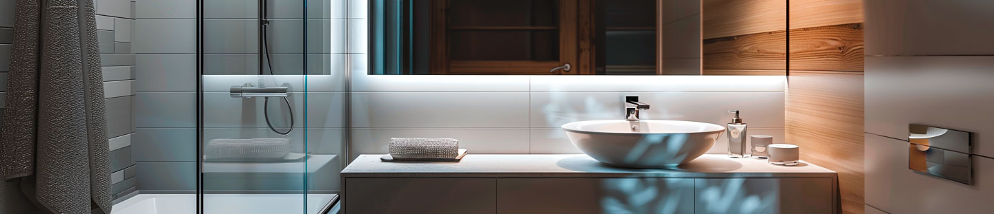 Modernes Badezimmer mit Glasdusche, Waschbecken und gemütlicher Beleuchtung